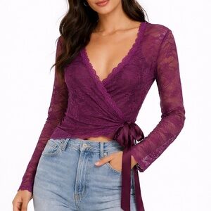 Vintage Ideology Purple Lace Wrap Blouse with Satin Tie Fairycore Party Festival